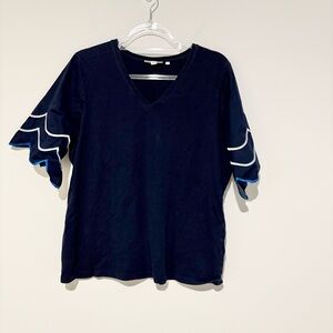 Chico’s Embroidered Scallop Sleeve V Neck Top Navy blue size 2 Large‎